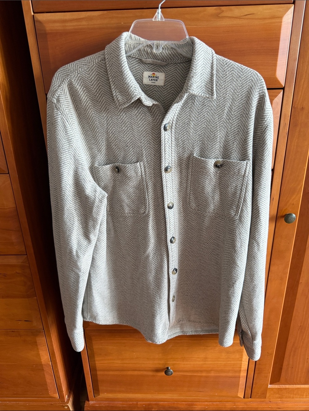 Marine Layer Men’s Light Gray Herringbone Button-Front Shirt Jacket size L